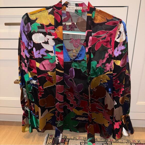 Alice + Olivia Mora Tie-Neck Floral Blouson-Sleeve Blouse Small - Picture 2 of 6